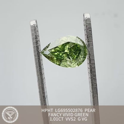 Diamant poire de 1,01 carat, cultivé en laboratoire, vert vif fantaisie VVS2 HPHT 