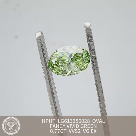 Lab Grown Diamond Fancy Vivid Green Oval 0.77 Carat VG EX HPHT VVS2 IGI Certified