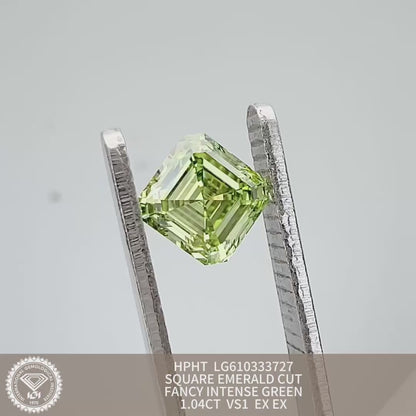 Diamant de laboratoire de 1,04 carat, vert intense fantaisie VS1 2EX HPHT, forme émeraude carrée 