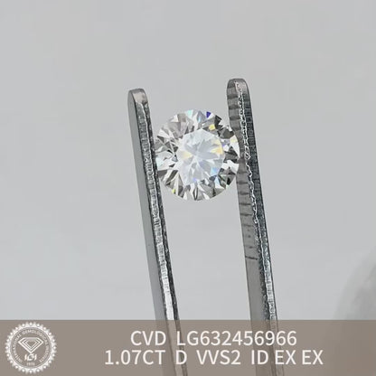 Diamant rond de 1,07 carat, cultivé en laboratoire, VVS2 IGI D CVD, excellente taille 
