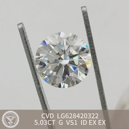 Diamant rond de 5,03 carats, cultivé en laboratoire, certifié IGI CVD VS1 G 3EX 