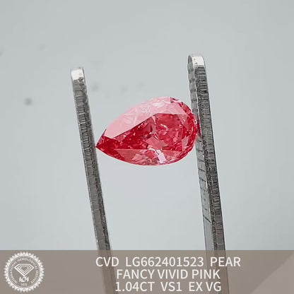 Diamant poire de 1,04 carat, cultivé en laboratoire, couleur rose vif fantaisie, VS1 CVD, EX VG 