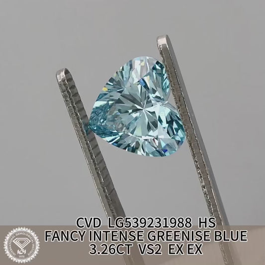 Fancy Intense Greenish Blue Lab Grown Diamond Heart Shape 2EX IGI Certified CVD VS2 3.26 Carat