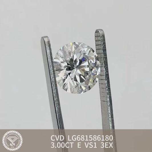 Diamant synthétique de laboratoire de 3,00 carats E VS1 3EX CVD rond certifié IGI 