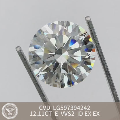 Diamant synthétique de 12,11 carats, certifié IGI, créé en laboratoire, E VVS2 ID 2EX CVD 