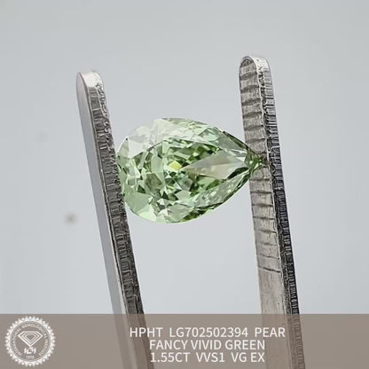 Diamant synthétique de 1,55 carat, taille poire, vert vif, qualité EX VG, VVS1, HPHT 