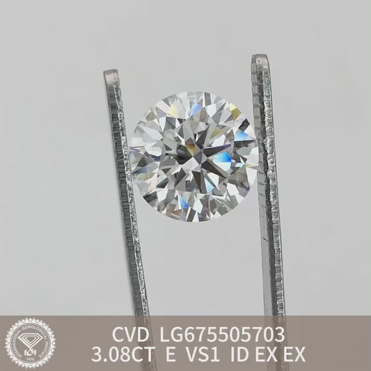 Diamant synthétique rond certifié IGI, forme ronde, 3,08 diamants de laboratoire E VS1 ID 2EX CVD 