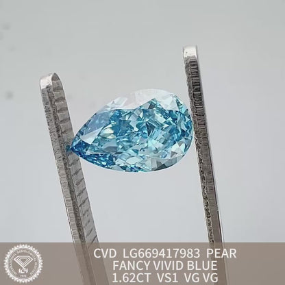 Diamant poire de 1,62 carat, cultivé en laboratoire, bleu vif fantaisie VS1 CVD 2VG 