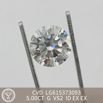 Diamant synthétique de 5,00 carats, certifié G IGI, CVD VS2, taille ID 2EX 