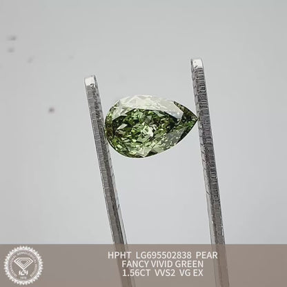 1.56 Carat Lab Grown Diamond Fancy Vivid Green Pear Shape VG EX VVS2 IGI Certified HPHT