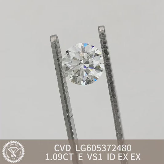 Diamant rond de 1,09 carat, cultivé en laboratoire, VS1 IGI E CVD N, taille idéale excellente 