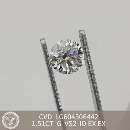 CVD 1.51 Carat IGI Certificate Lab Grown Diamond G VS2 ID 2EX Round