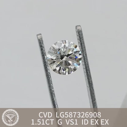 CVD 1.51 Carat IGI Certificate Lab Grown Diamond G VS1 ID 2EX Round