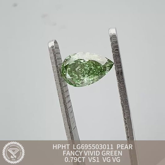 Lab Grown Diamond Fancy Vivid Green Pear 0.79 Carat 2VG HPHT VS1 IGI Certified