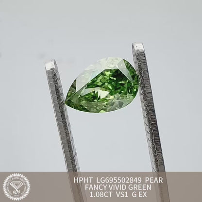 Diamant synthétique de 1,08 carat, vert vif fantaisie VS1 HPHT, forme poire EX 