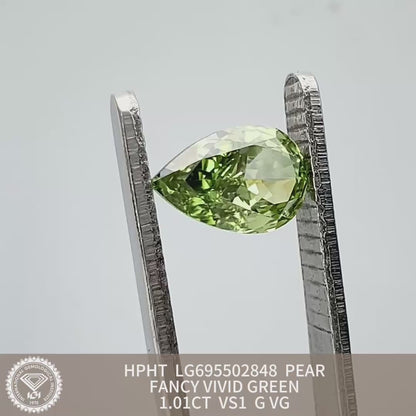 1.01 Carat VS1 Lab Grown Diamond Fancy Vivid Green Pear Shape VG Good IGI Certified HPHT