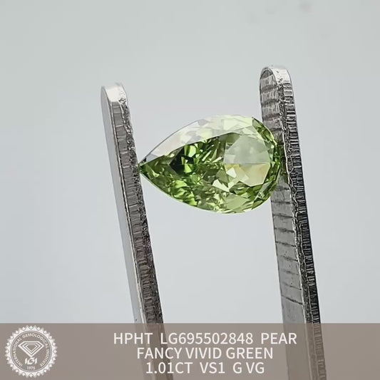 1.01 Carat VS1 Lab Grown Diamond Fancy Vivid Green Pear Shape VG Good IGI Certified HPHT