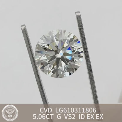 Diamant synthétique de 5,06 carats, certifié G VS2 par l'IGI, taille CVD ID 2EX 