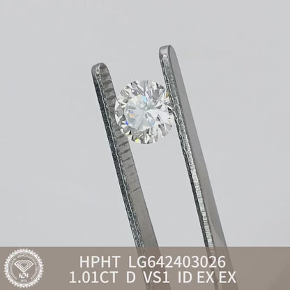 Diamant rond de 1,01 carat, cultivé en laboratoire, D VS1 HPHT ID EX EX, certificat IGI 