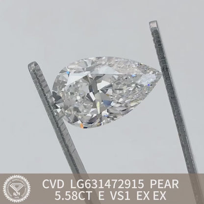 Diamant de laboratoire de 5,58 carats en forme de poire 2EX certifié IGI CVD E VS1 