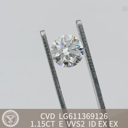 Diamant synthétique rond de 1,15 carat, fabriqué en laboratoire, certifié E VVS2 CVD, certifié IGI 