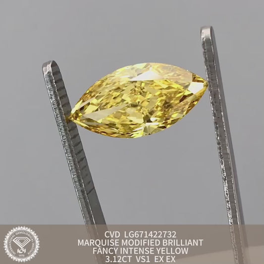 3.12 Carat Lab Grown Diamond Fancy Intense Yellow VS1 2EX CVD Marquise Man-made Diamond