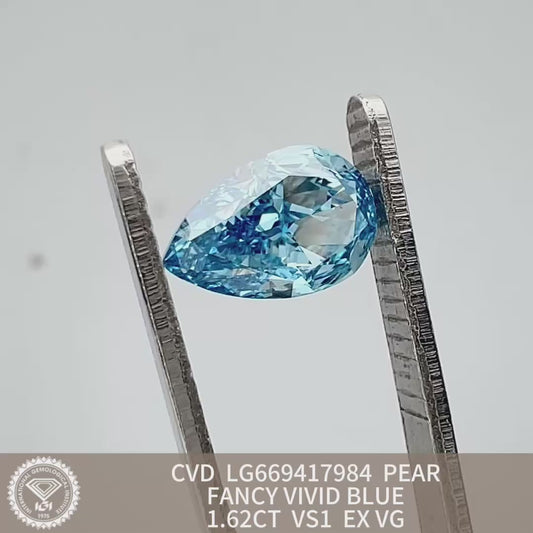 1.62 Carat Lab Grown Diamond Fancy Vivid Blue Pear Shape EX VG IGI Certified CVD VS1