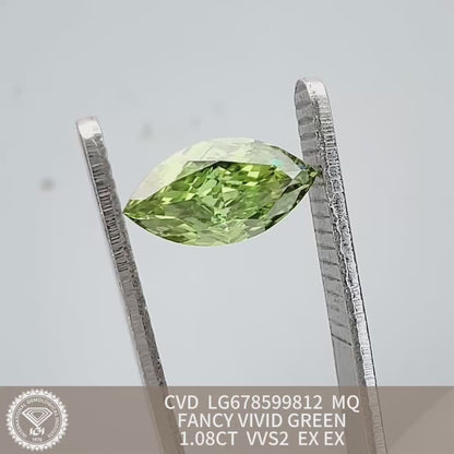 Diamant synthétique de 1,08 carat, vert vif fantaisie, VVS2 2EX CVD, forme marquise 