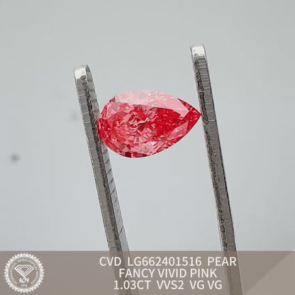 Diamant poire de 1,03 carat, cultivé en laboratoire, couleur rose vif fantaisie, VVS2, CVD, 2VG 