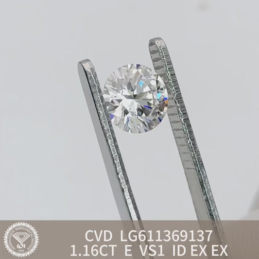Diamant synthétique rond de 1,16 carat, certifié IGI, VS1 E CVD N Ideal 2EX 