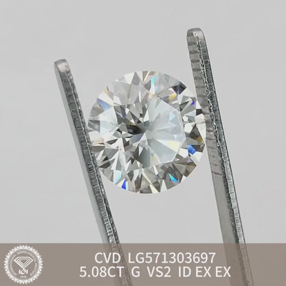 Diamant synthétique de 5,08 carats G VS2 ID EX EX Diamant rond CVD certifié IGI fabriqué par l'homme 