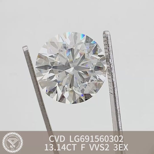 Lab Grown Diamond 13.14 Carat F VVS2 3EX IGI CVD NONE Fluorescence Round