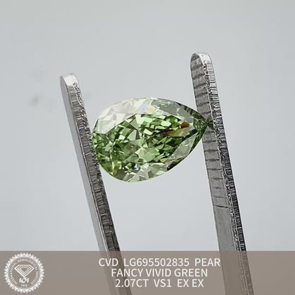 Diamant poire de 2,07 carats, cultivé en laboratoire, vert vif fantaisie, VS1 2EX CVD 