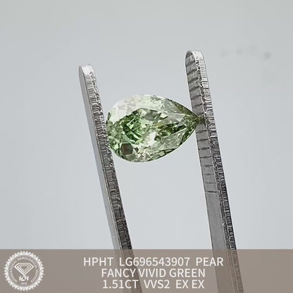 Diamant poire de 1,51 carat, cultivé en laboratoire, vert vif fantaisie 2EX VVS2 HPHT 
