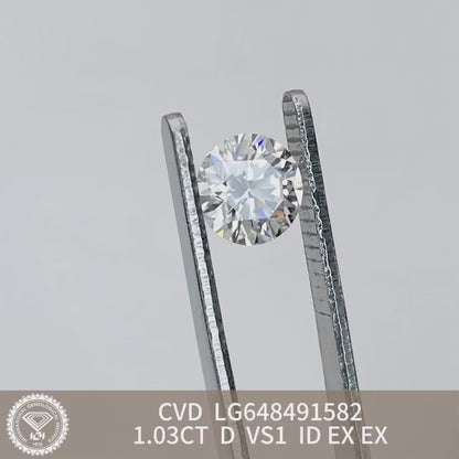 Diamant rond de 1,03 carat, cultivé en laboratoire, D VS1 CVD ID EX EX, certificat IGI 