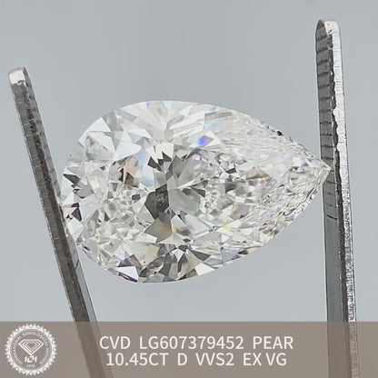 10.45 Carat IGI Certificate Lab Grown Pear Shape Diamond D VVS2 EX VG CVD