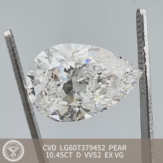 10.45 Carat IGI Certificate Lab Grown Pear Shape Diamond D VVS2 EX VG CVD