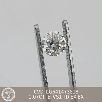 Diamant rond de 1,07 carat, cultivé en laboratoire, VS1 IGI E CVD, AUCUN 3EX 