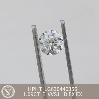 Diamant de laboratoire de 1,09 carat E VVS1, certifié HPHT, ID 2EX IGI 