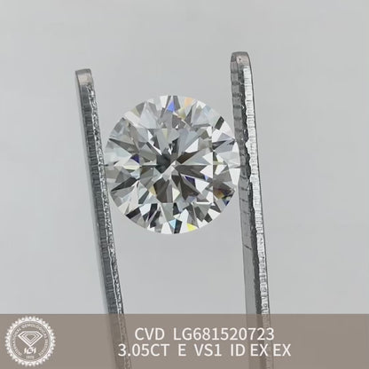 Diamant de laboratoire certifié IGI de 3,05 carats E VS1 ID 2EX CVD de forme ronde 
