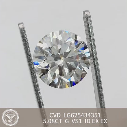 Diamant synthétique de 5,08 carats, certifié IGI, CVD VS1, certifié G Excellent 