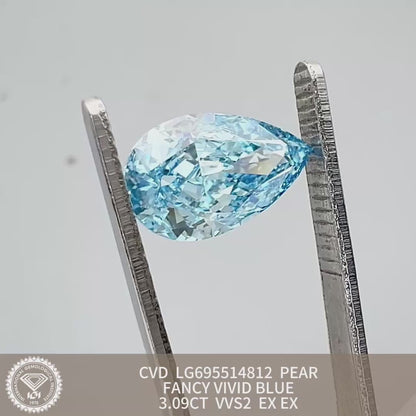 Diamant synthétique poire de 3,09 carats, cultivé en laboratoire, bleu vif fantaisie VVS2 CVD 2EX 