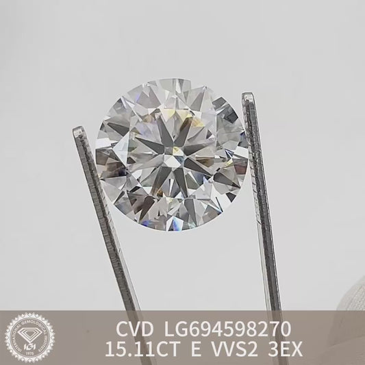 Diamant de laboratoire 15,11 carats E VVS2 3EX IGI CVD AUCUNE Fluorescence Rond 