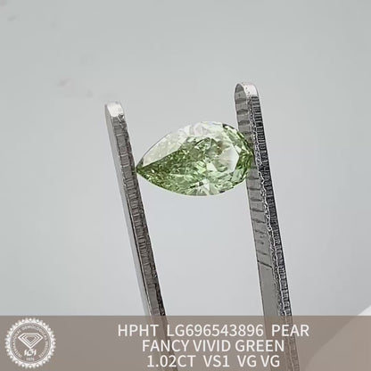 Diamant poire de 1,02 carat, cultivé en laboratoire, vert vif fantaisie VS1 HPHT 2VG 