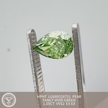 Diamant poire de 1,05 carat, cultivé en laboratoire, vert vif fantaisie VVS2 HPHT 2EX 