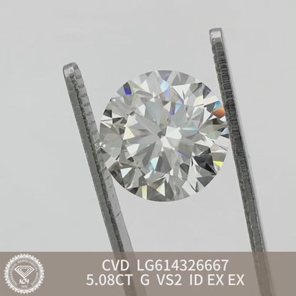 Diamant synthétique de 5,08 carats, taille G VS2, ID EX EX, certifié IGI, taille ronde CVD 