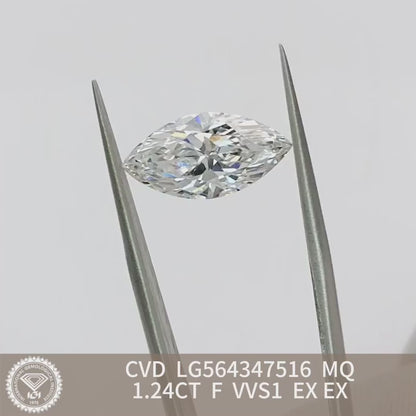 1.24 Carat Lab Grown Diamond F VVS1 2EX CVD Marquise Man Made Diamond