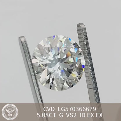 Diamant synthétique CVD certifié IGI de 5,08 carats, fabriqué en laboratoire, G VS2 ID EX EX 