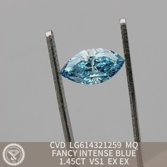 1.45 Carat Lab Grown Marquise Diamond Fancy Intense Blue VS1 2EX CVD