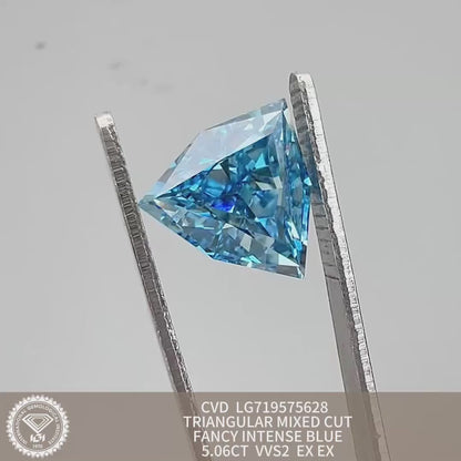 Diamant de laboratoire de 5,06 carats, taille mixte triangulaire, certifié IGI 2EX, CVD VVS2, bleu intense fantaisie 